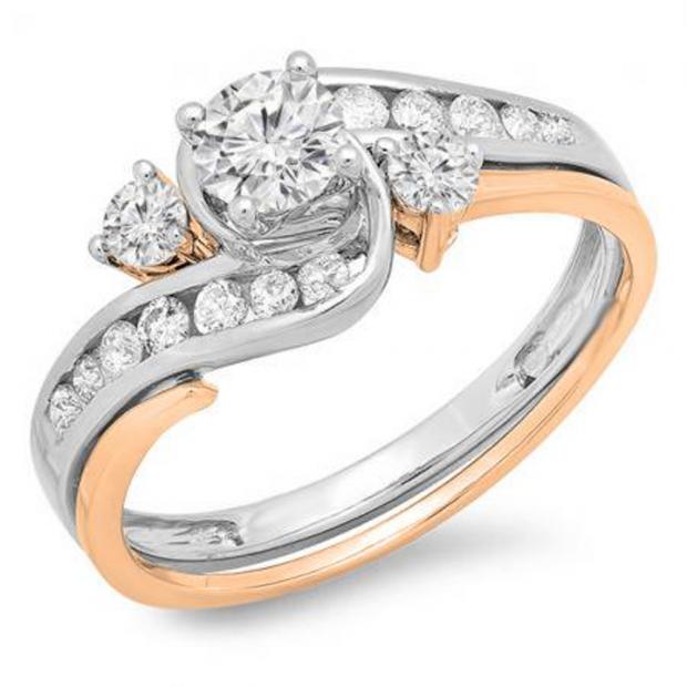 0.90 Carat (ctw) 14K White & Rose Gold Round White Diamond & White Sapphire Ladies Swirl Bridal Two Tone Engagement Ring Set