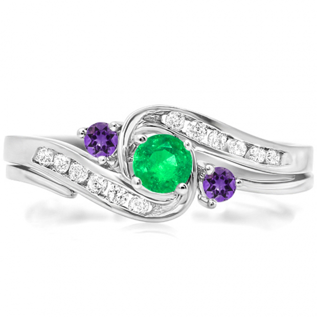 0.50 Carat (ctw) 14k White Gold Round Green Emerald And Amethyst And White Diamond Ladies Swirl Bridal Engagement Ring Matching Band Set 1/2 CT