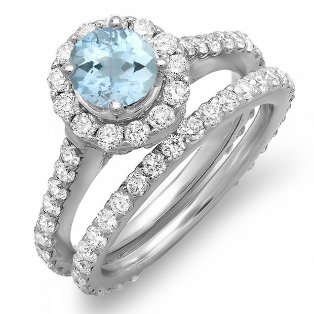 1.75 Carat (ctw) 10K White Gold Round Cut Aquamarine & White Diamond Ladies Halo Style Bridal Engagement Ring Matching Band Set 1 3/4 CT
