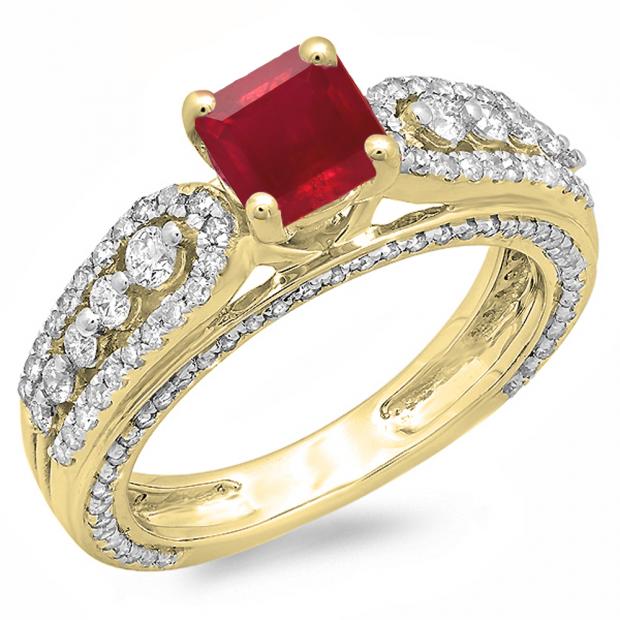 1.75 Carat (ctw) 14K Yellow Gold Princess Cut Ruby & Round Diamond Ladies Vintage Style Solitaire With Accents Bridal Engagement Ring 1 3/4 CT