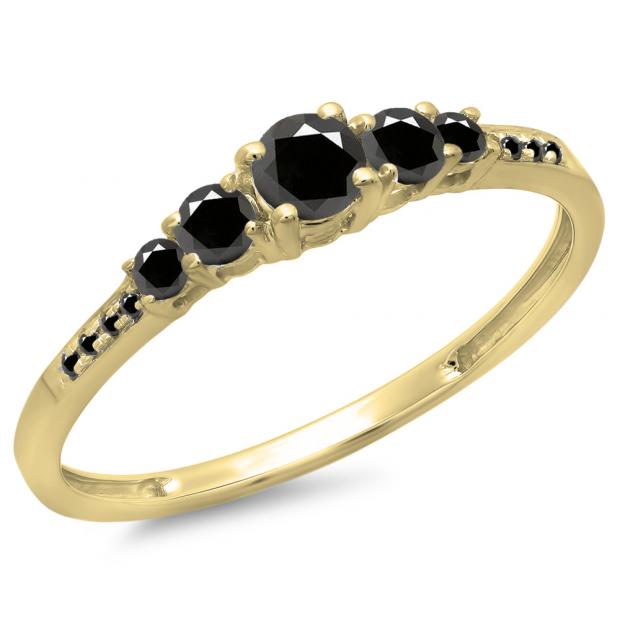 0.40 Carat (Ctw) 10K Yellow Gold Round Cut Black Diamond Ladies Bridal 5 Stone Engagement Ring