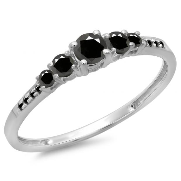 0.40 Carat (Ctw) 18K White Gold Round Cut Black Diamond Ladies Bridal 5 Stone Engagement Ring