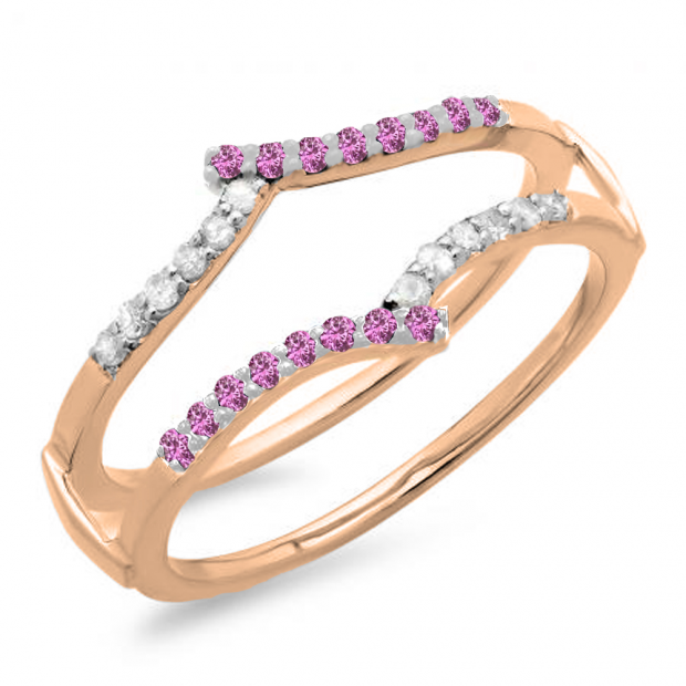 0.25 Carat (ctw) 10K Rose Gold Round Pink Sapphire & White Diamond Ladies Anniversary Wedding Band Guard Double Ring 1/4 CT
