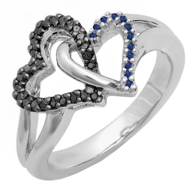 0.25 Carat (ctw) Sterling Silver Round Blue Sapphire & Black Diamond Ladies Split Shank Tangled Double Heart Love Promise Ring 1/4 CT