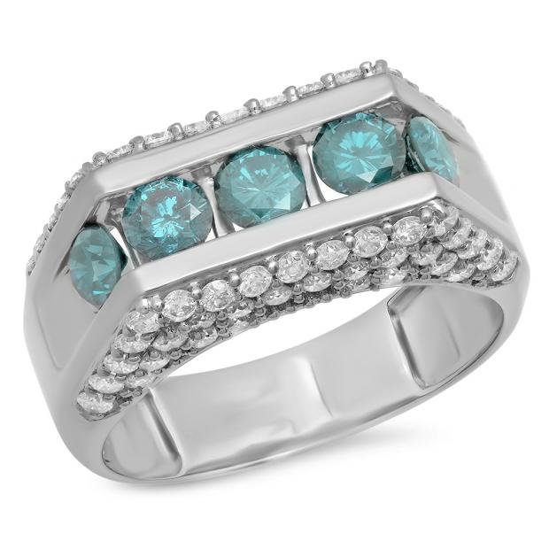 4.00 Carat (ctw) 14K Gold Black Rhodium Plated Round Blue & White Diamond 5 Stone Mens Hip Hop Ring 4 CT