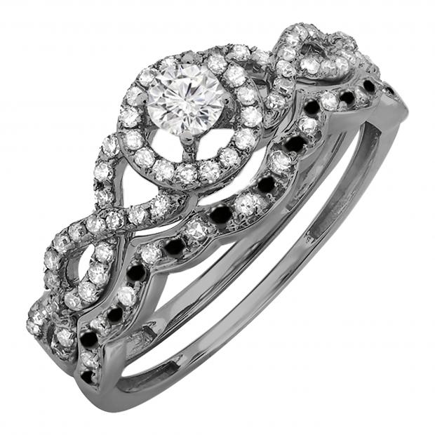 0.60 Carat (ctw) Black Rhodium Plated 14K White Gold Round Black & White Diamond Ladies Halo Style Bridal Engagement Ring Matching Band Set