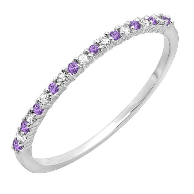 0.15 Carat (ctw) 14k White Gold Round Amethyst & White Diamond Ladies Anniversary Wedding Band Stackable Ring