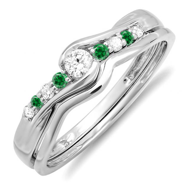 0.25 Carat (ctw) 10K White Gold Round Emerald & White Diamond Ladies Bridal Promise Engagement Wedding Set Ring with Matching Band 1/4 CT