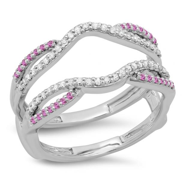 0.35 Carat (ctw) 10K White Gold Round Cut White Diamond & Pink Sapphire Ladies Anniversary Wedding Band Split Shank Enhancer Guard Double Ring 1/3 CT