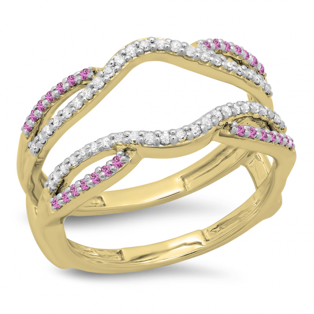 0.35 Carat (ctw) 14K Yellow Gold Round Cut White Diamond & Pink Sapphire Ladies Anniversary Wedding Band Split Shank Enhancer Guard Double Ring 1/3 CT