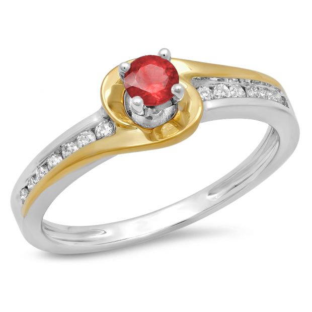0.40 Carat (ctw) 14K Two Tone Gold Round Cut White Diamond & Ruby Ladies Twisted Bridal Engagement Ring
