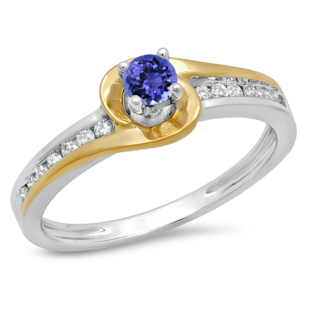 0.40 Carat (ctw) 10K Two Tone Gold Round Cut White Diamond & Tanzanite Ladies Twisted Bridal Engagement Ring