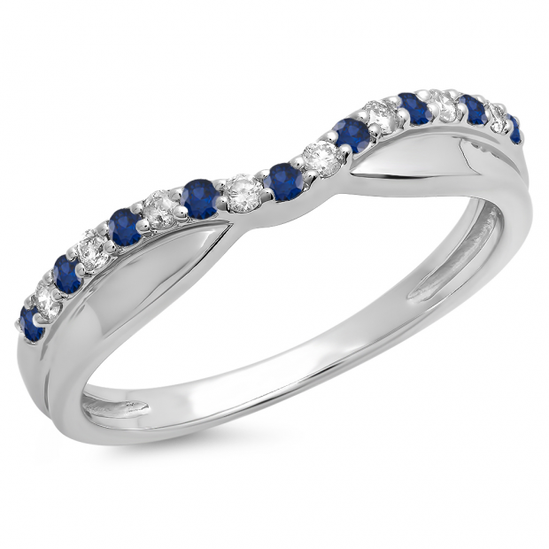 0.25 Carat (ctw) 10K White Gold Round Cut Blue Sapphire & White Diamond Ladies Anniversary Wedding Stackable Contour Guard Band 1/4 CT