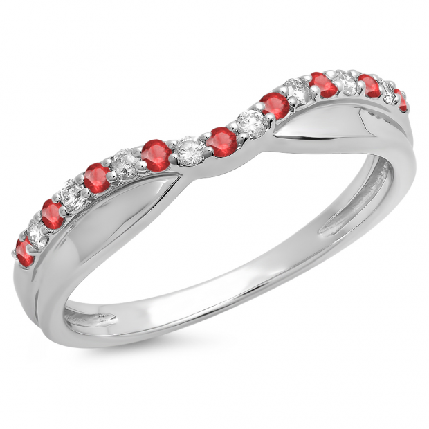 0.25 Carat (ctw) 14K White Gold Round Cut Ruby & White Diamond Ladies Anniversary Wedding Stackable Contour Guard Band 1/4 CT