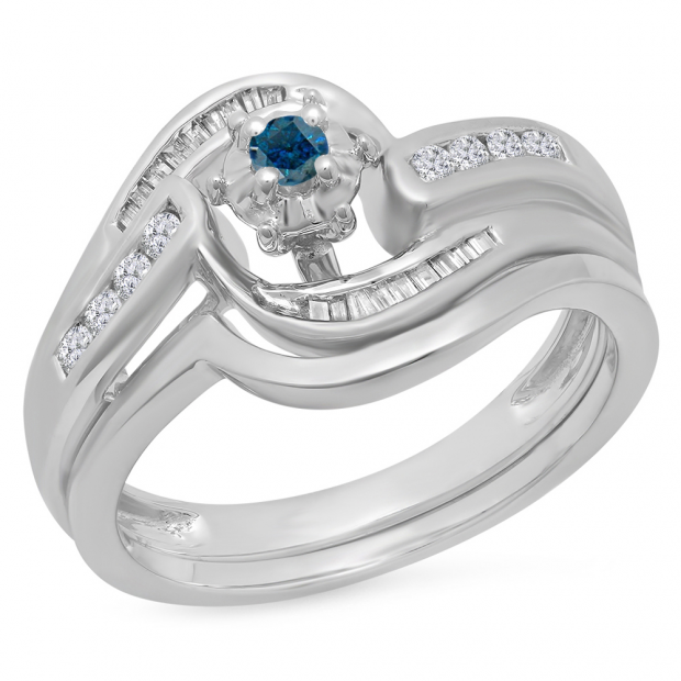 0.30 Carat (ctw) 10K White Gold Round & Baguette Cut Blue & White Diamond Ladies Bypass Twisted Style Bridal Engagement Ring With Matching Band Set 1/3 CT