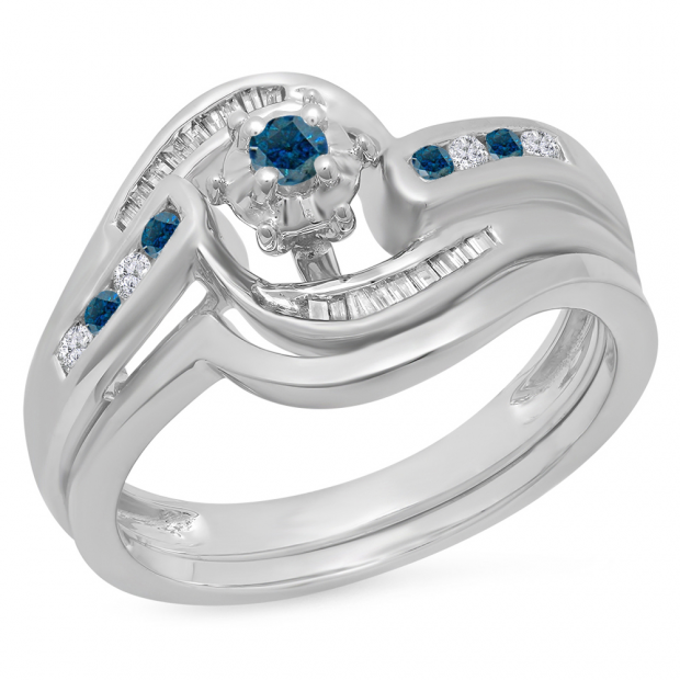 0.30 Carat (ctw) 10K White Gold Round & Baguette Cut Blue & White Diamond Ladies Bypass Twisted Style Bridal Engagement Ring With Matching Band Set 1/3 CT