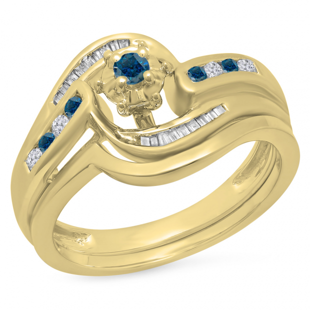 0.30 Carat (ctw) 10K Yellow Gold Round & Baguette Cut Blue & White Diamond Ladies Bypass Twisted Style Bridal Engagement Ring With Matching Band Set 1/3 CT