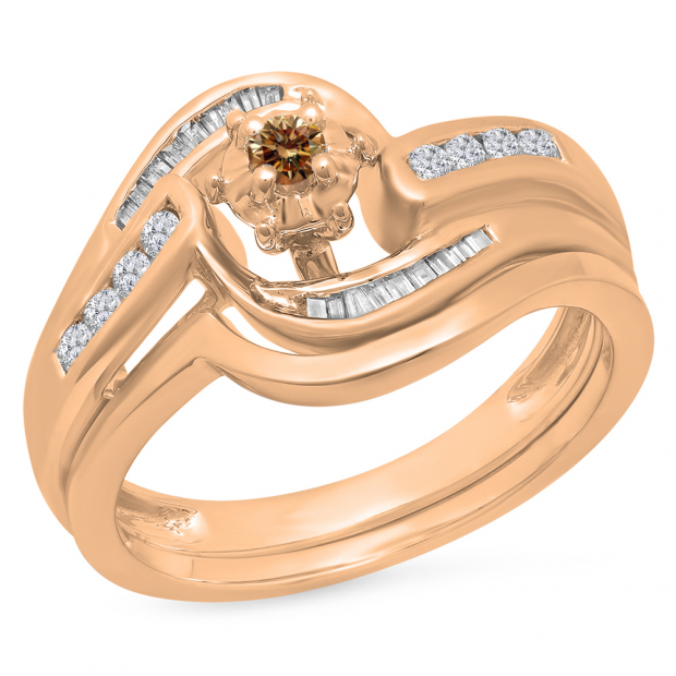0.30 Carat (ctw) 10K Rose Gold Round & Baguette Cut Champagne & White Diamond Ladies Bypass Twisted Style Bridal Engagement Ring With Matching Band Set 1/3 CT