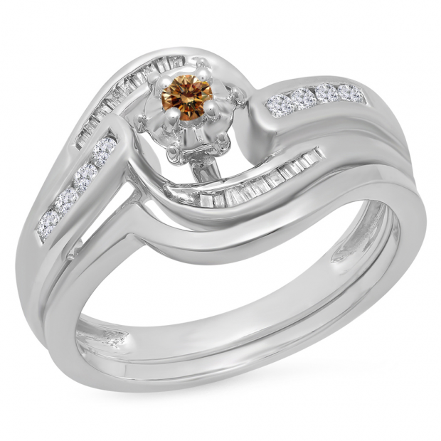0.30 Carat (ctw) 10K White Gold Round & Baguette Cut Champagne & White Diamond Ladies Bypass Twisted Style Bridal Engagement Ring With Matching Band Set 1/3 CT