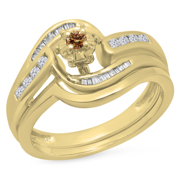 0.30 Carat (ctw) 10K Yellow Gold Round & Baguette Cut Champagne & White Diamond Ladies Bypass Twisted Style Bridal Engagement Ring With Matching Band Set 1/3 CT