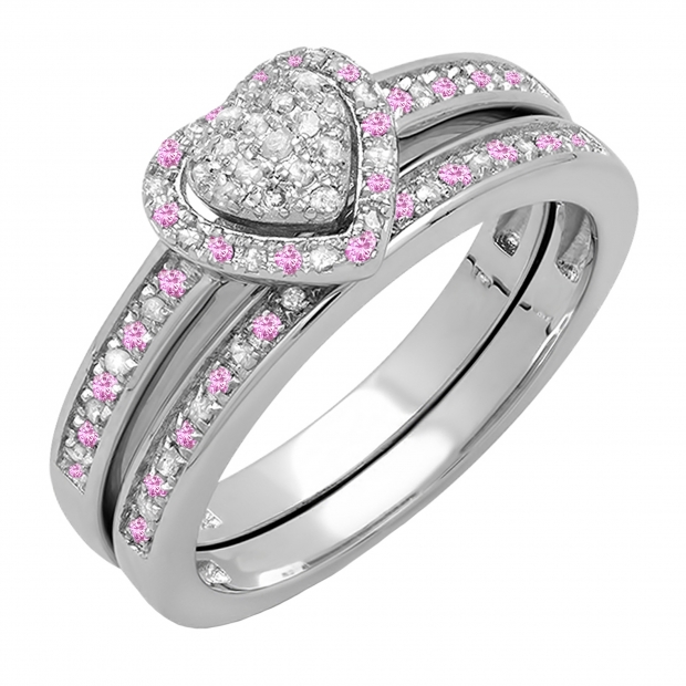 0.23 Carat (ctw) 10K White Gold Round Pink Sapphire & White Diamond Ladies Heart Shaped Bridal Engagement Ring With Matching Band Set 1/4 CT