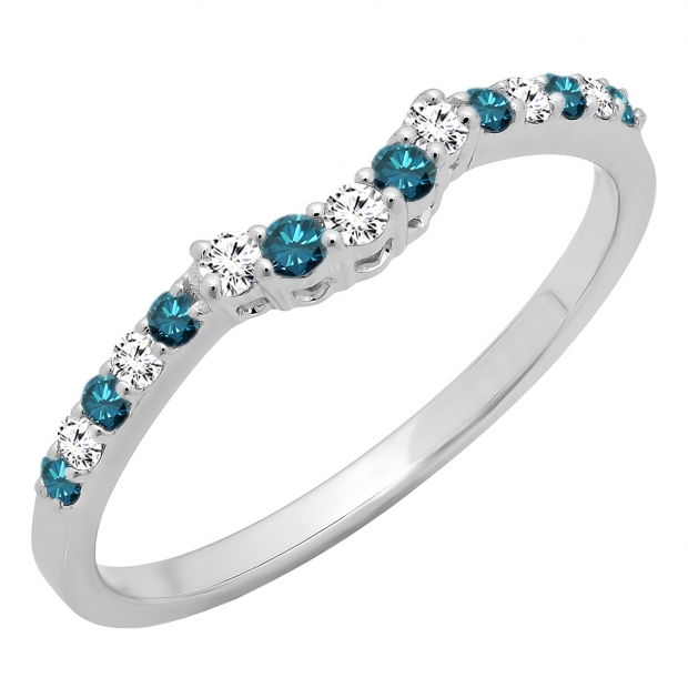 0.30 Carat (ctw) 10K White Gold Round Blue & White Diamond Ladies Contour Anniversary Wedding Stackable Band Guard Ring 1/3 CT