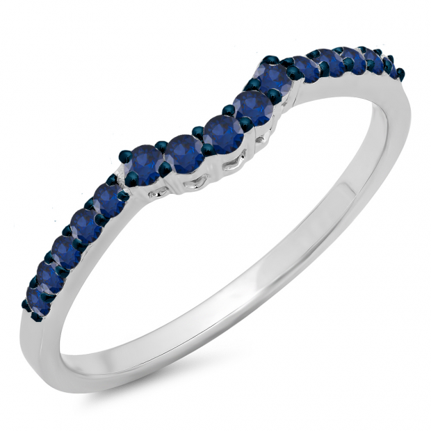 0.30 Carat (ctw) 10K White Gold Round Blue Sapphire Ladies Contour Anniversary Wedding Stackable Band Guard Ring 1/3 CT
