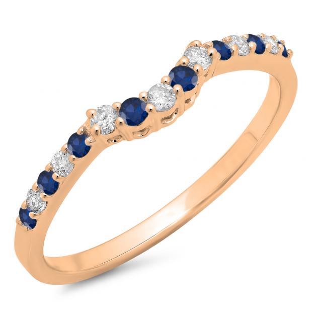 0.30 Carat (ctw) 10K Rose Gold Round Blue Sapphire & White Diamond Ladies Contour Anniversary Wedding Stackable Band Guard Ring 1/3 CT
