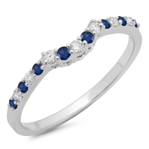 0.30 Carat (ctw) 14K White Gold Round Blue Sapphire & White Diamond Ladies Contour Anniversary Wedding Stackable Band Guard Ring 1/3 CT