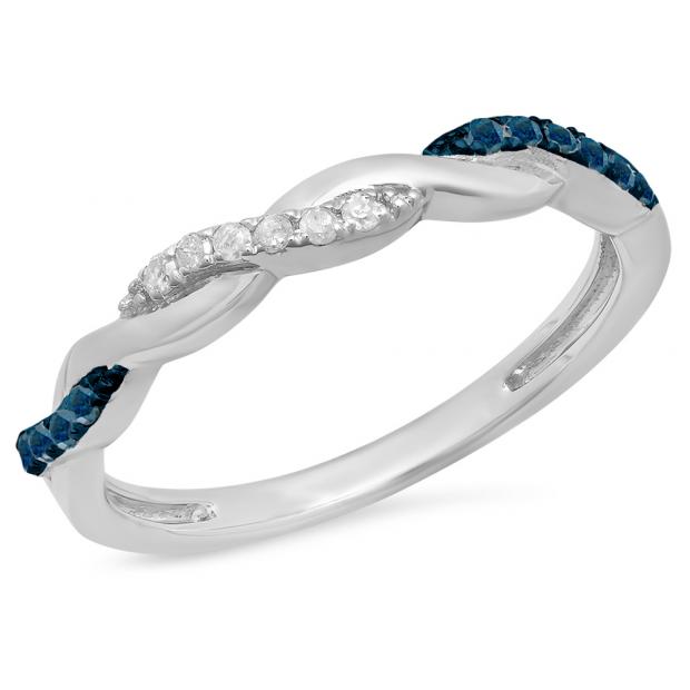 0.15 Carat (ctw) Sterling Silver Round Cut Blue & White Diamond Ladies Swirl Anniversary Wedding Stackable Band