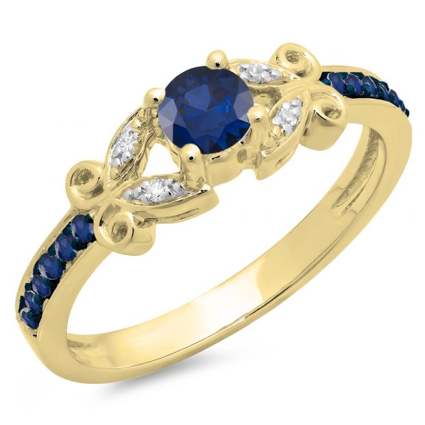 0.50 Carat (ctw) 14K Yellow Gold Round Blue Sapphire & White Diamond Ladies Bridal Unique Vintage Style Engagement Ring 1/2 CT