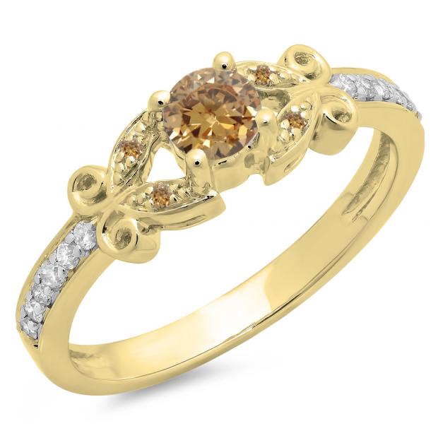 0.50 Carat (ctw) 14K Yellow Gold Round Champagne & White Diamond Ladies Bridal Unique Vintage Style Engagement Ring 1/2 CT