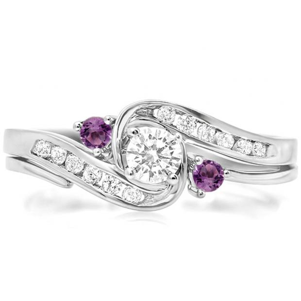 0.50 Carat (ctw) 10K White Gold Round Amethyst And White Diamond Ladies Swirl Bridal Engagement Ring Matching Band Set 1/2 CT