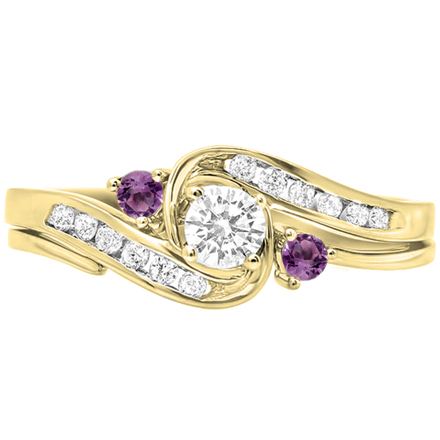 0.50 Carat (ctw) 14K Yellow Gold Round Amethyst And White Diamond Ladies Swirl Bridal Engagement Ring Matching Band Set 1/2 CT