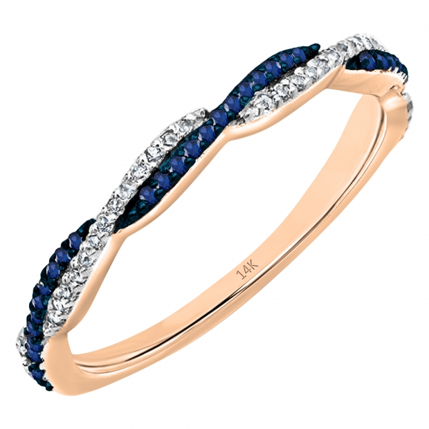 0.25 Carat (ctw) 14K Rose Gold Round Blue Sapphire & White Diamond Ladies Anniversary Wedding Band Swirl Stackable Ring 1/4 CT