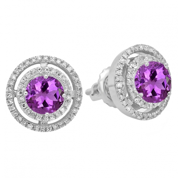 1.17 Carat (ctw) 14K White Gold Round Amethyst & White Diamond Ladies Halo Style Stud Earrings