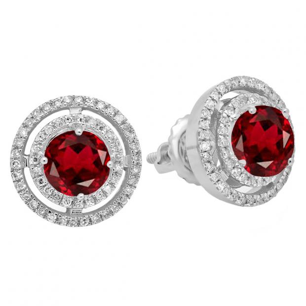 1.17 Carat (ctw) 14K White Gold Round Garnet & White Diamond Ladies Halo Style Stud Earrings