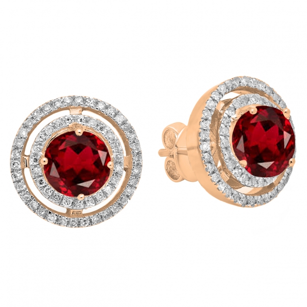 5mm Each Round Garnet & White Diamond Halo Style Stud Earrings for Women in 18K Rose Gold