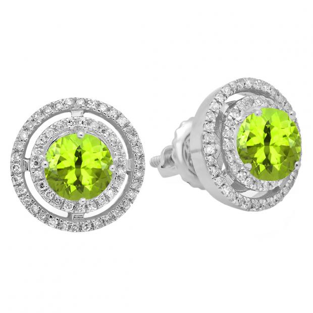 1.17 Carat (ctw) 18K White Gold Round Peridot & White Diamond Ladies Halo Style Stud Earrings