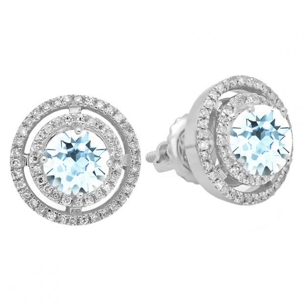 1.17 Carat (ctw) 14K White Gold Round Aquamarine & White Diamond Ladies Halo Style Stud Earrings