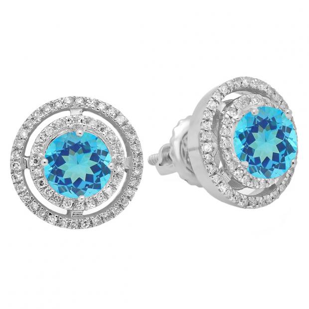 1.17 Carat (ctw) 10K White Gold Round Blue Topaz & White Diamond Ladies Halo Style Stud Earrings