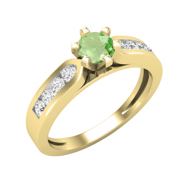 4.5mm Round Center Peridot with 0.28 CT White Diamond Tapered Shank Solitare Style Wedding Ring for Her in 14K Yellow Gold