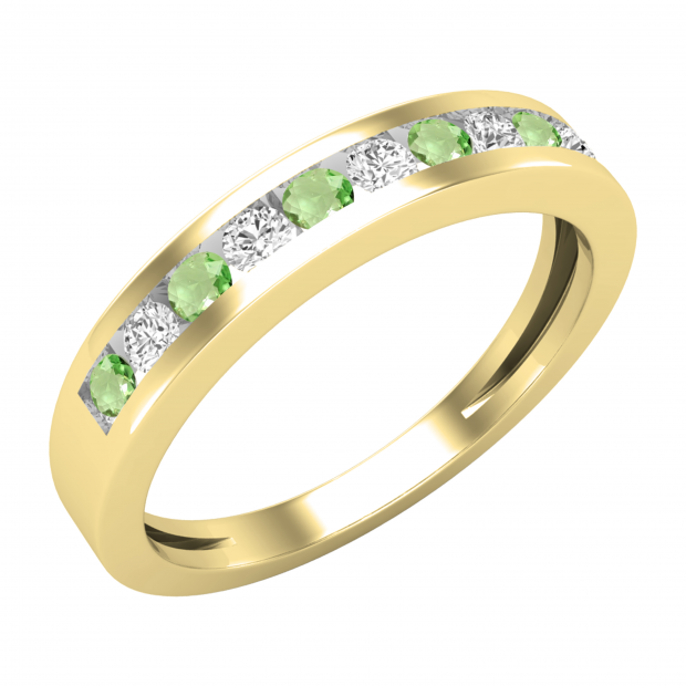 Round Peridot & 0.18 CT White Diamond Alternating Style Stackable Anniversary Wedding Band for Her in 14K Yellow Gold