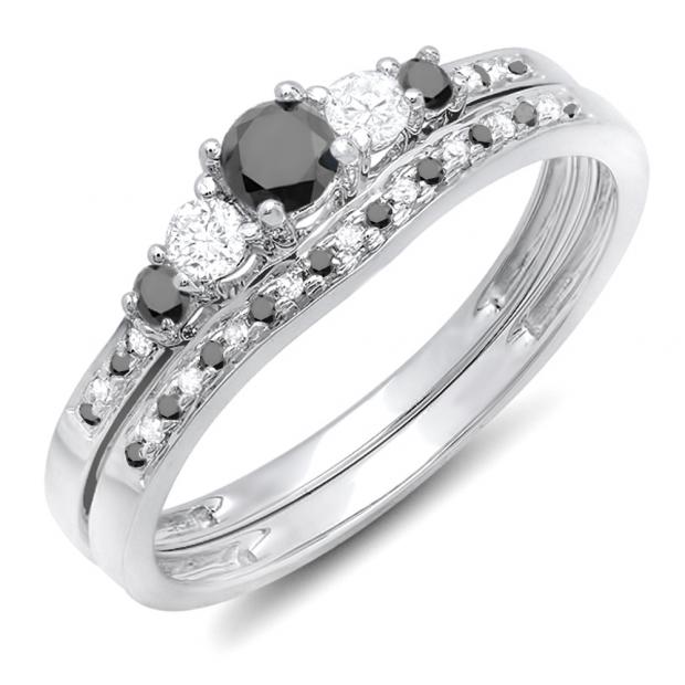 0.45 Carat (ctw) 10K White Gold Round Black And White Diamond Ladies 5 Stone Bridal Engagement Ring Matching Band Set 1/2 CT