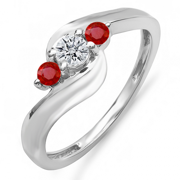 0.40 Carat (ctw) 14K White Gold Round Red Ruby And White Diamond Ladies Swirl Engagement 3 Stone Bridal Ring