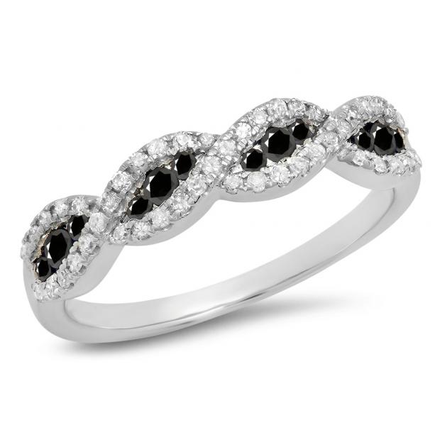 0.35 Carat (ctw) 10K White Gold Round Black & White Diamond Ladies Bridal Stackable Anniversary Wedding Band Swirl Ring 1/3 CT
