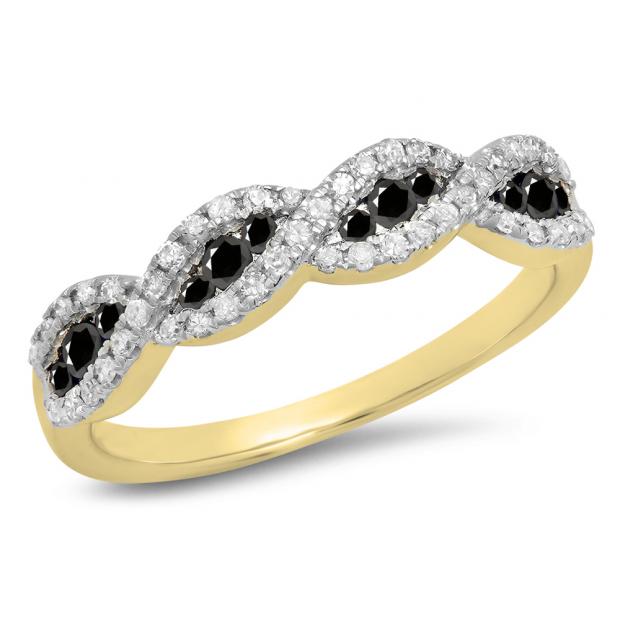 0.35 Carat (ctw) 18K Yellow Gold Round Black & White Diamond Ladies Bridal Stackable Anniversary Wedding Band Swirl Ring 1/3CT