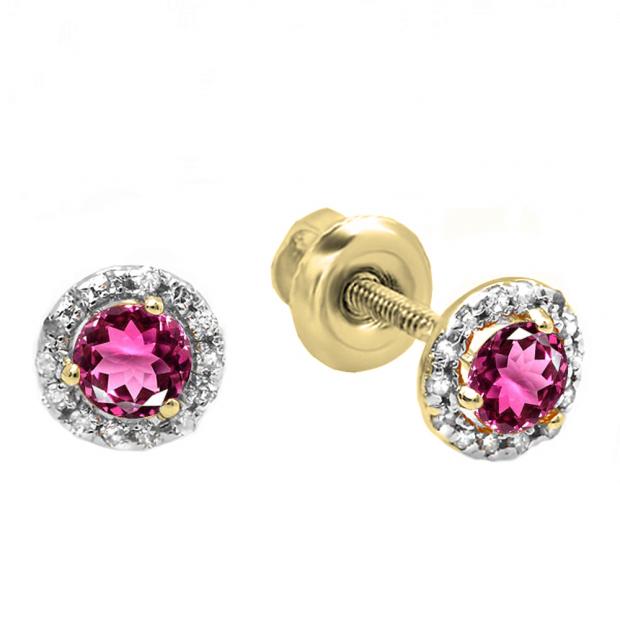 0.75 Carat (ctw) 14K Yellow Gold Round Pink Tourmaline & White Diamond Ladies Halo Style Stud Earrings 3/4 CT