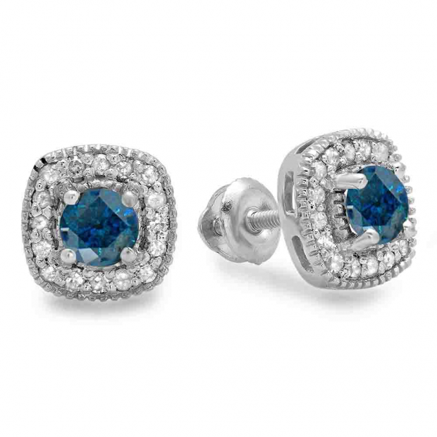 0.75 Carat (ctw) 10K White Gold Round Cut Blue & White Diamond Ladies Halo Stud Earrings 3/4 CT