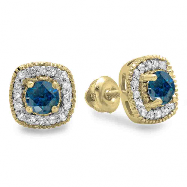 0.75 Carat (ctw) 14K Yellow Gold Round Cut Blue & White Diamond Ladies Halo Stud Earrings 3/4 CT